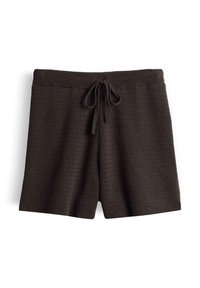 Dark brown knitted shorts with ribbed waistband and front drawstring tie, displayed on a white background.