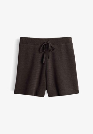 Shorts marrone scuro lavorati a maglia con fascia in vita a coste e coulisse frontale, mostrati su sfondo bianco.