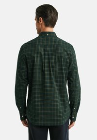 Camicia a quadri verdi con linee gialle e blu, maniche lunghe e colletto button-down. Dettaglio di piega visibile sul retro.