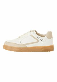 White sneaker with tan accents, textured fabric, smooth leather, round toe, flat rubber sole, and side ventilation holes. Laces are prominently displayed.