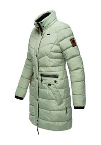 Light green padded coat with a high collar, zippered pockets, and elastic cuffs. Features a logo patch on the left sleeve and snap buttons.