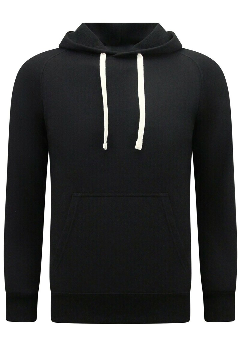 Zwarte hoodie met trekkoorden, kangoeroezak, ribgebreide manchetten en zoom. Gemaakt van zachte stof met een gladde textuur.