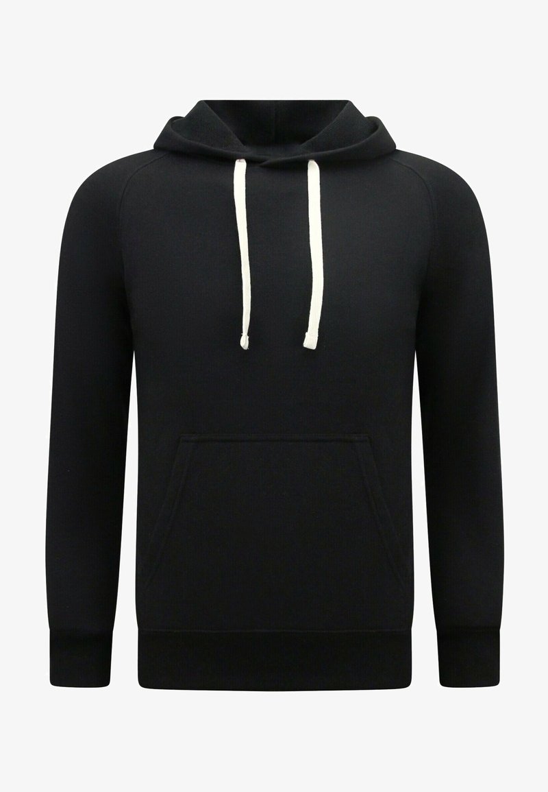 Zwarte hoodie met trekkoorden, kangoeroezak, ribgebreide manchetten en zoom. Gemaakt van zachte stof met een gladde textuur.