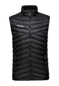 Schwarze isolierte Weste mit Zickzack-Steppmuster, hohem Kragen, Frontreißverschluss und zwei Seitentaschen. Markenlogo "Mammut" auf der Brust.