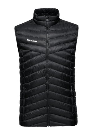 Gilet isolant noir avec motif matelassé en chevrons, col haut, fermeture éclair frontale et deux poches latérales. Logo de la marque "Mammut" sur la poitrine.