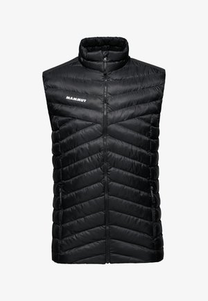 Zwarte geïsoleerde vest met een chevron-gequilt patroon, hoge kraag, voorrits en twee zijzakken. Merklogo "Mammut" op de borst.