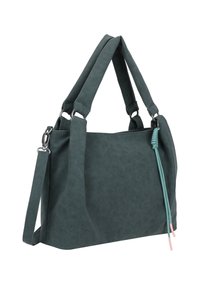 Donkergroen handtas van zacht, textuurstof. Heeft twee korte handvatten, een afneembare schouderband en een decoratieve koord met roze accenten.