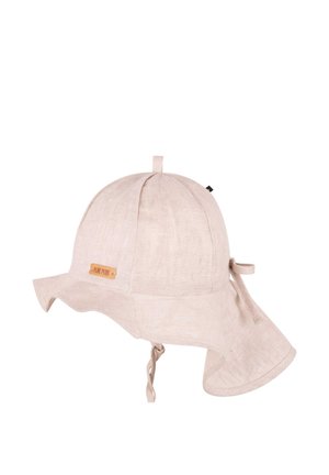 Cappello da sole in tessuto rosa chiaro con ampia tesa, cinturino per il mento e piccolo anello in tessuto sulla sommità, progettato per la protezione dal sole.