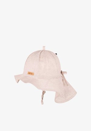 Cappello da sole in tessuto rosa chiaro con ampia tesa, cinturino per il mento e piccolo anello in tessuto sulla sommità, progettato per la protezione dal sole.