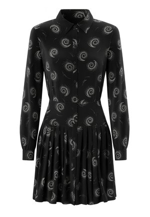 Abito nero con maniche lunghe, chiusura con bottoni sul davanti e gonna plissè. Caratterizzato da un motivo argenteo a spirale su tutta la superficie. Realizzato in un tessuto liscio.