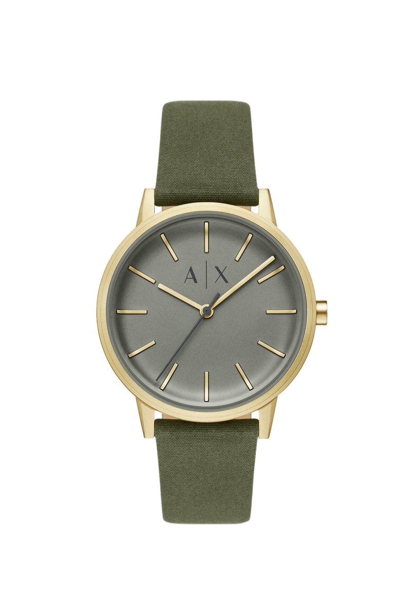 Reloj redondo con caja en tono dorado, correa de tela verde y una esfera gris con marcadores de horas y manecillas doradas. Diseño simple y minimalista.
