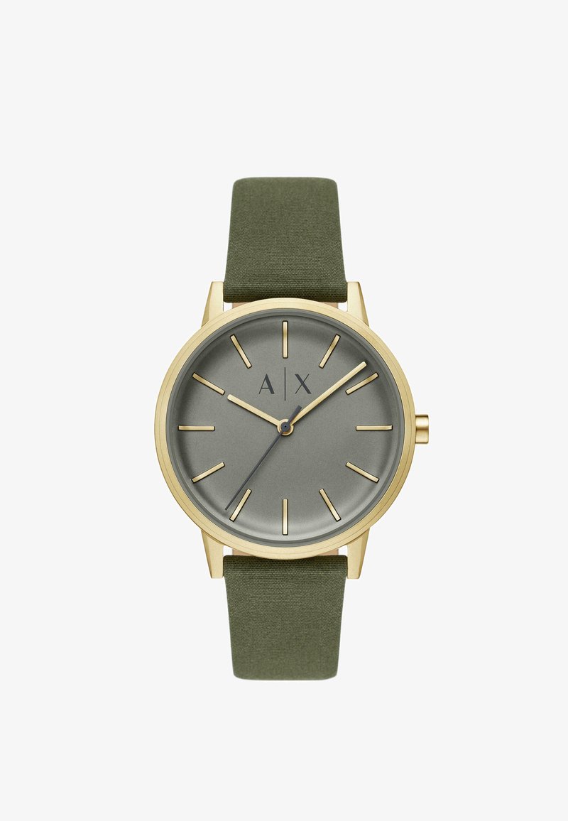 Reloj redondo con caja en tono dorado, correa de tela verde y una esfera gris con marcadores de horas y manecillas doradas. Diseño simple y minimalista.