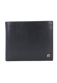 Black leather wallet featuring a smooth texture, rectangular shape, and a gold logo accent in the bottom right corner.