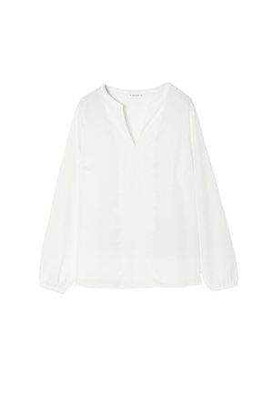 Fehér, hosszú ujjú blúz sima anyagból, v-nyakú kivágással és redőzött mandzsettával, laza szabással és minimalista dizájnnal.