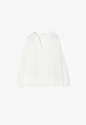 Biała bluzka z długim rękawem, uszyta z gładkiego materiału, z dekoltem w serek i zmarszczonymi mankietami, o luźnym kroju i minimalistycznym designie.