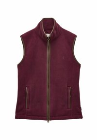 Bordový fleece vest s vysokým golierom, predným zipsom a hnedými akcentmi. Obsahuje dve bočné vrecká a malé logo na hrudi.