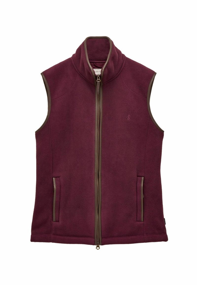 Bordový fleece vest s vysokým golierom, predným zipsom a hnedými akcentmi. Obsahuje dve bočné vrecká a malé logo na hrudi.
