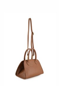 Brown leather handbag with textured surface, structured shape, dual top handles, and a removable shoulder strap. Features gold hardware accents.