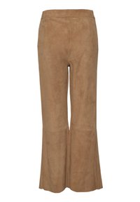 Bruine suede flared broek met een gladde textuur en een aansluitende taille, met stiksels en een wijd broekontwerp.