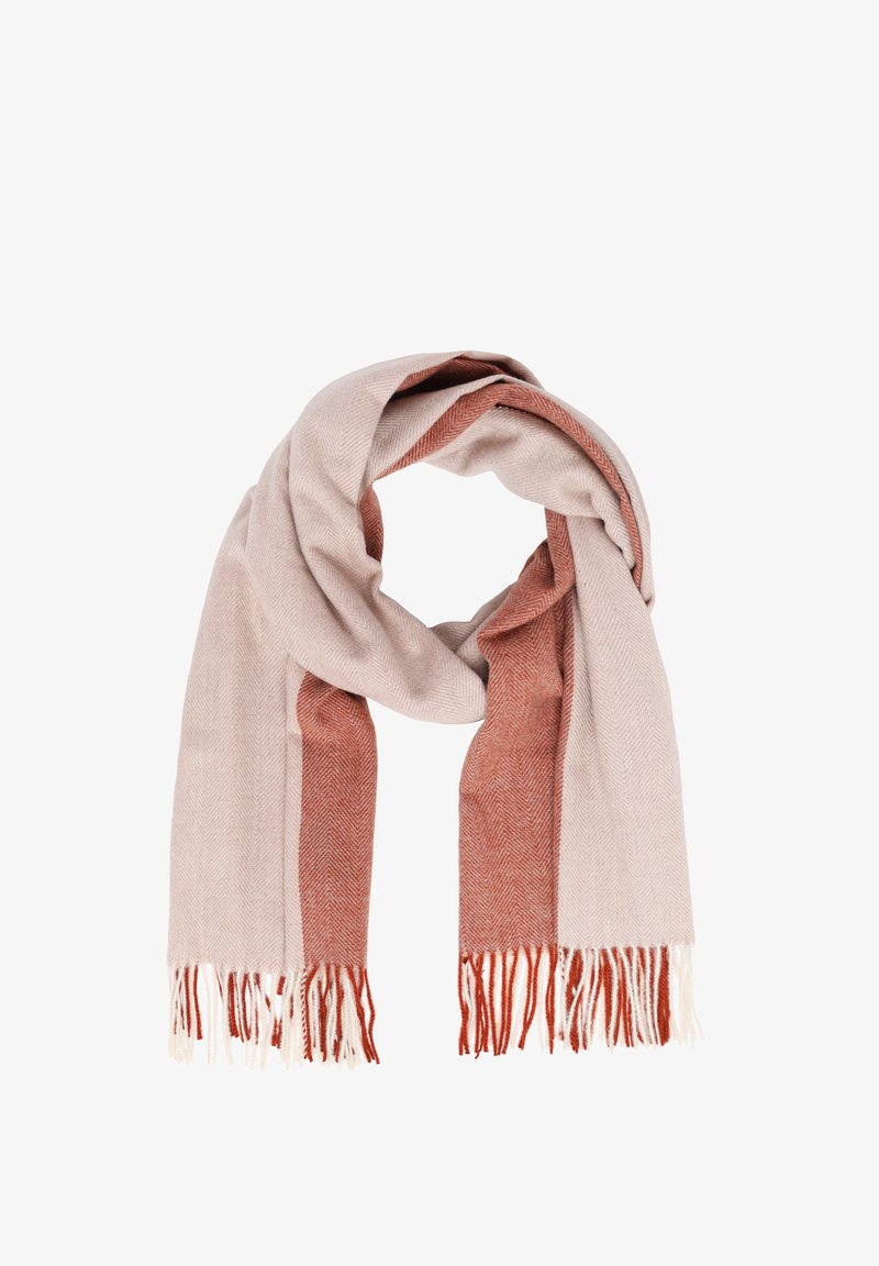 Woven scarf in soft fabric with a herringbone pattern, featuring beige and rust-colored stripes and fringed edges.