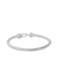 Silver färgad kabelarmband med en vriden design, som har släta ändar och ett spänne försett med små, klara stenar.