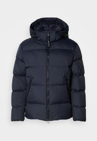Navy blue puffer jacket with a hood, featuring horizontal quilted sections and a front zipper. Includes side pockets and fabric accents.