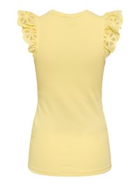 Haut jaune sans manches avec des manches courtes en dentelle ajourée volantée et un col rond, vu de dos.