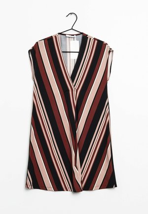 Short-sleeve, V-neck dress featuring diagonal stripes in shades of dark red, beige, and black, with a smooth fabric and straight hem.