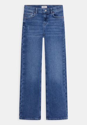 Light blue denim wide-leg jeans with a mid-rise waist, five pockets, metal button and zipper, and subtle fading on fabric texture.