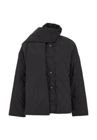 Juodas siuvinėtas švarkas su aukšta apykakle ir atitinkamu šaliku. Turtingas spragtukų mygtukais ir minkštos tekstūros. Paprastas dizainas be raštų.