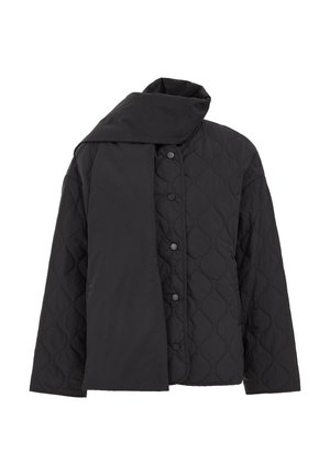 Black quilted jacket with a high collar, long scarf. Features snap buttons and textured pattern on the fabric for warmth and style.