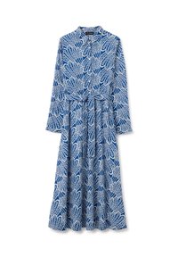 Abito a maniche lunghe blu e bianco con un motivo paisley, colletto con bottoni, vita stretta e gonna fluente.