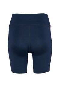 Marinblå sportshorts i stretchigt tyg med hög midja, slät yta och röda och vita sidrandningar.