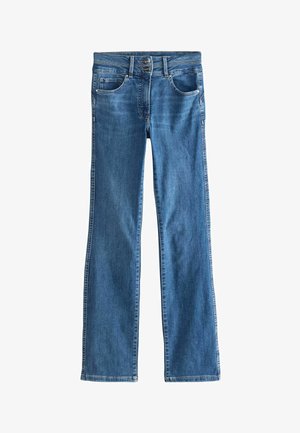 Jean en denim bleu taille haute avec boutons doubles à l'avant, poches avant et jambes droites sur fond blanc.