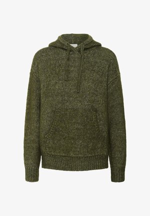 Flauschiger, olivgrüner Strickhoodie mit vorderer Kängurutasche und Kordelzug-Kapuze, verziert mit gerippten Bündchen und Saum.