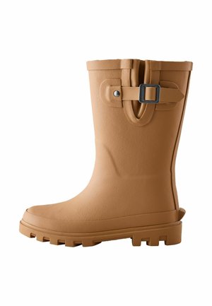Tan rubber mid-calf rain boot with a black buckle strap and thick tread sole on a white background.