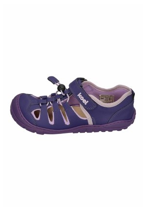 Purple closed-toe sandal with adjustable strap, elastic laces, branded "koel," and padded interior for children, size 34.