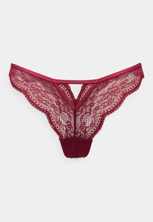 Bordo nėriniai kelnaitės su gėlių raštu ir banguotais kraštais, su tvirtu audinio gale ir V formos išpjova priekyje.