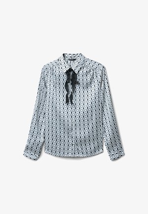 Gemustertes Button-Up-Hemd in Hellblau mit schwarzen ovalen Designs, ausgestattet mit einem Kragen und einem gebundenen schwarzen Satinband am Hals.
