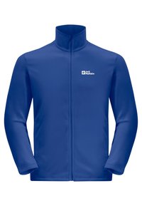 Blauwe fleecjas met een hoge kraag, rits aan de voorkant en lange mouwen. Heeft een klein wit logo op het linkere borstgebied.