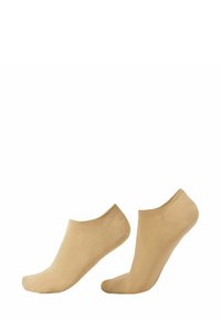 Beige lavede ankelstrømper vist mod en hvid baggrund, der viser side- og skråvisninger.
