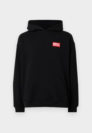 Black hooded sweatshirt with a front pocket, featuring a red rectangular "DIESEL" logo. Made of soft fabric with ribbed cuffs.
