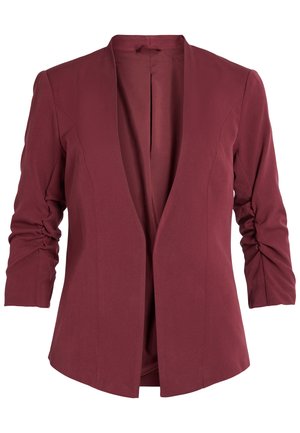Vinrød blazer med sjalskrage, trekvart ermer med rynkedetalj og en ren, åpen frontdesign. Glatt stofftekstur.