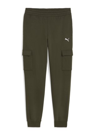 Pantaloni cargo de culoare verde măsliniu, cu un talie elastică, două buzunare laterale, un logo alb de marcă și manșete ribbate la glezne.