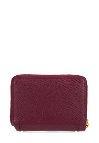 Burgundy leather wallet, zippered closure, textured finish, featuring RFID protection logo. Compact rectangular design, minimal hardware.