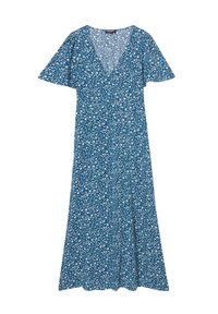 Blaues Blumenkleid mit kurzen, ausladenden Ärmeln, V-Ausschnitt und einem fließenden A-Linien-Design. Hat kleine weiße Blumen auf dem Stoff.