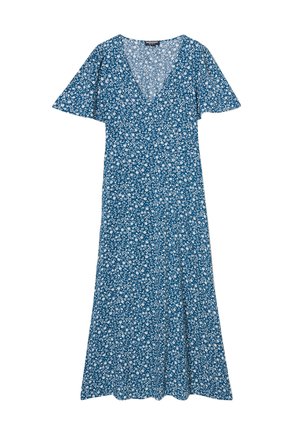 Blaues Blumenkleid mit kurzen, ausladenden Ärmeln, V-Ausschnitt und einem fließenden A-Linien-Design. Hat kleine weiße Blumen auf dem Stoff.