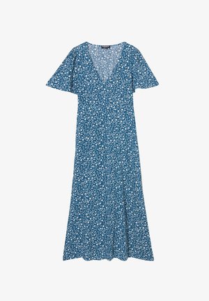 Blaues Blumenkleid mit kurzen, ausladenden Ärmeln, V-Ausschnitt und einem fließenden A-Linien-Design. Hat kleine weiße Blumen auf dem Stoff.