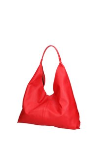 Borsa hobo in pelle rossa con una forma morbida, grande apertura e un'unica tracolla curva. Superficie testurizzata con dettagli di cucitura visibili.