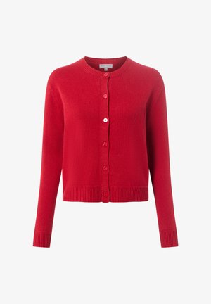 Red cardigan made from textured fabric, featuring a round neck, long sleeves, and six matching buttons along the front.
